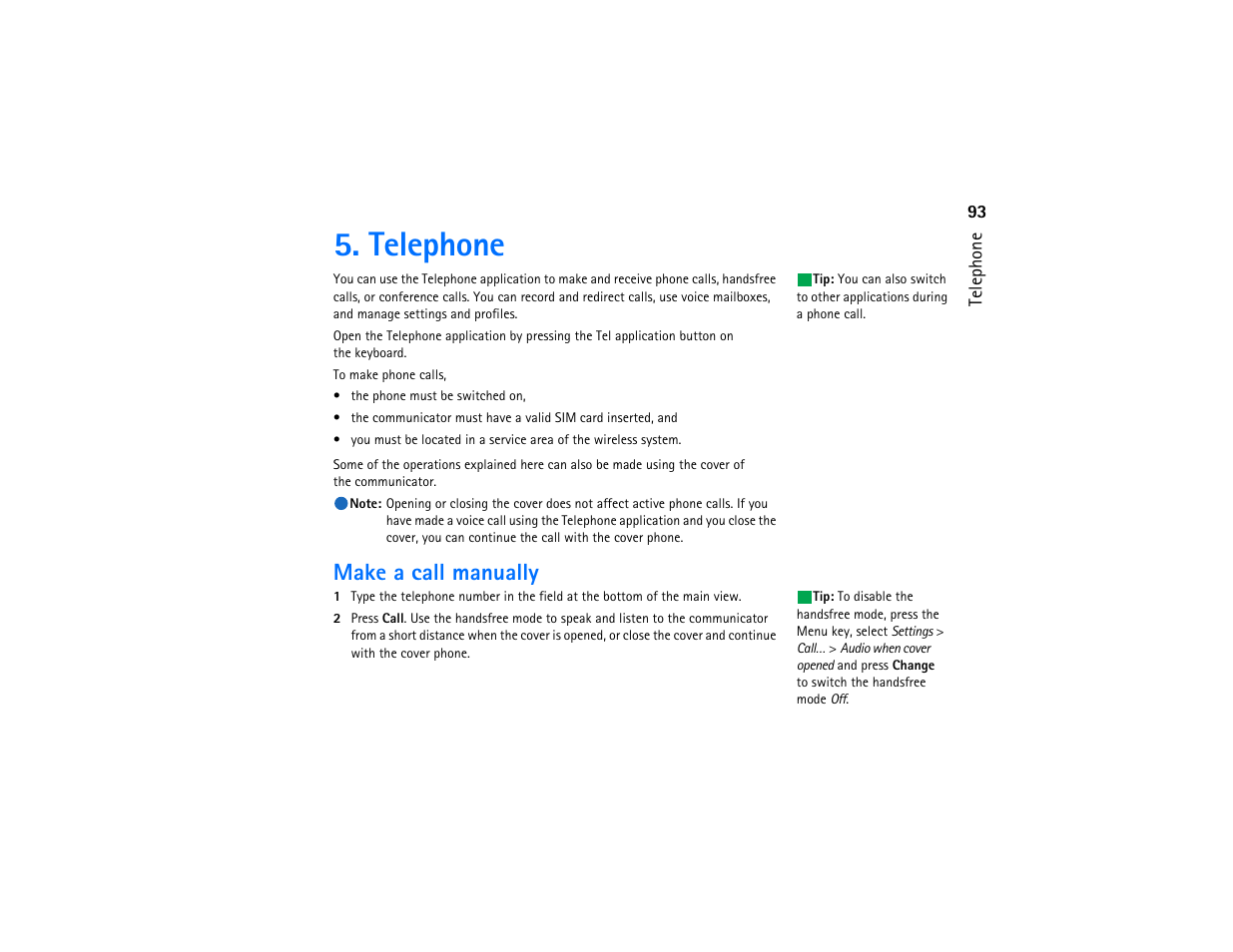 Telephone, Make a call manually | Nokia 9290 User Manual | Page 111 / 344