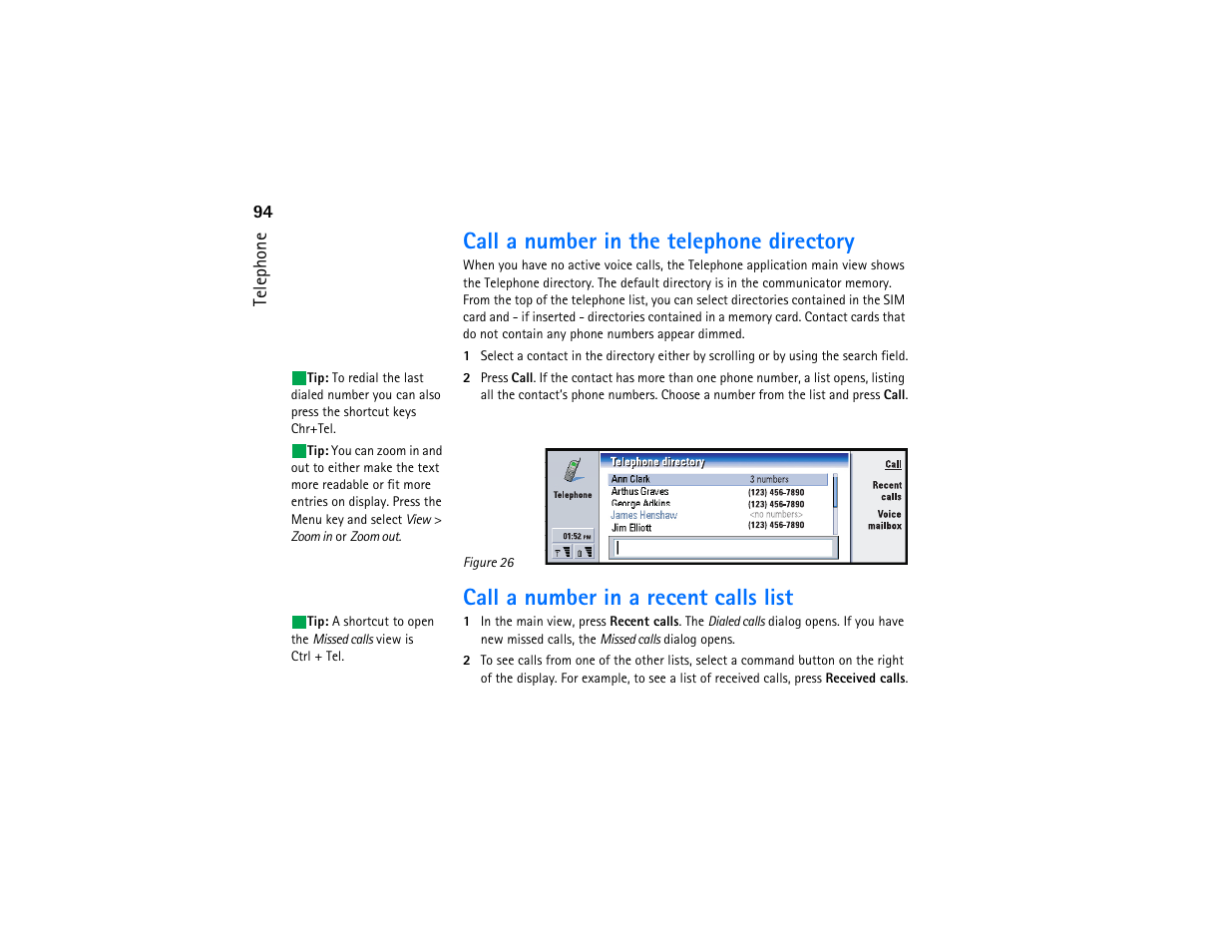 Call a number in the telephone directory, Call a number in a recent calls list | Nokia 9290 User Manual | Page 112 / 344