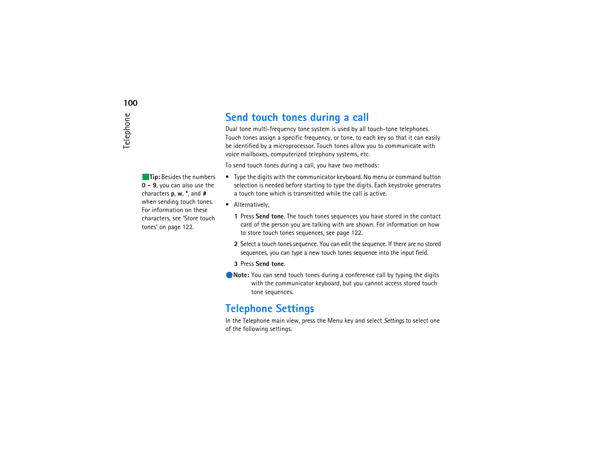 Send touch tones during a call, Telephone settings | Nokia 9290 User Manual | Page 118 / 344