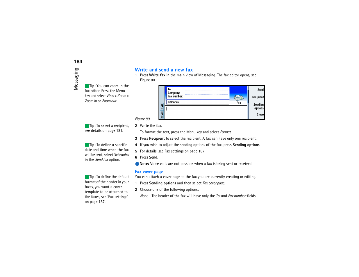 184 messaging write and send a new fax | Nokia 9290 User Manual | Page 202 / 344