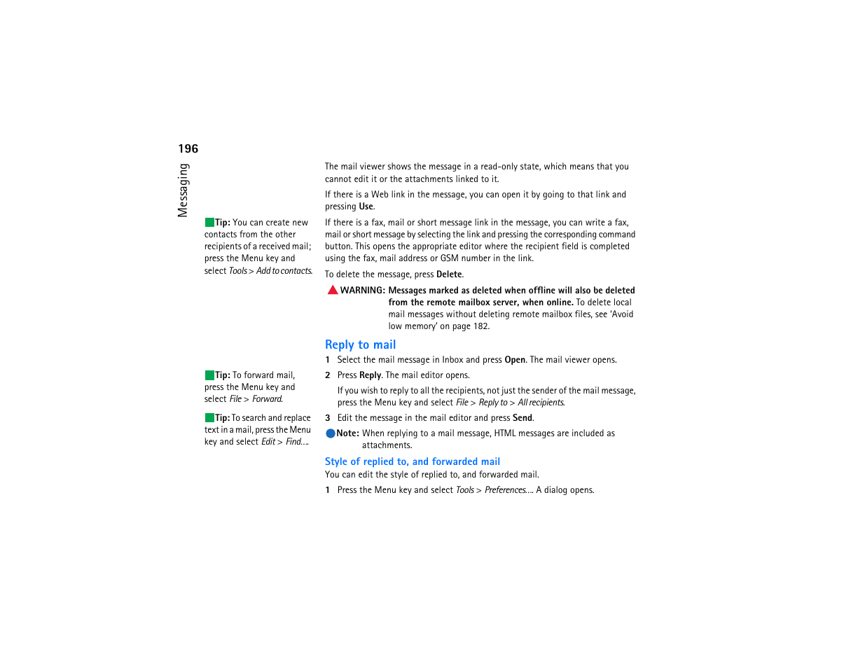 196 messaging, Reply to mail | Nokia 9290 User Manual | Page 214 / 344