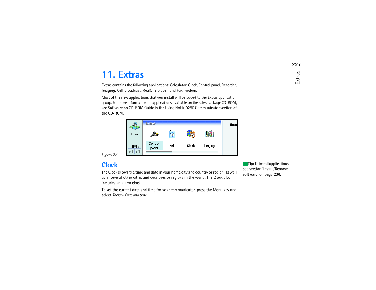 Extras, Clock | Nokia 9290 User Manual | Page 245 / 344