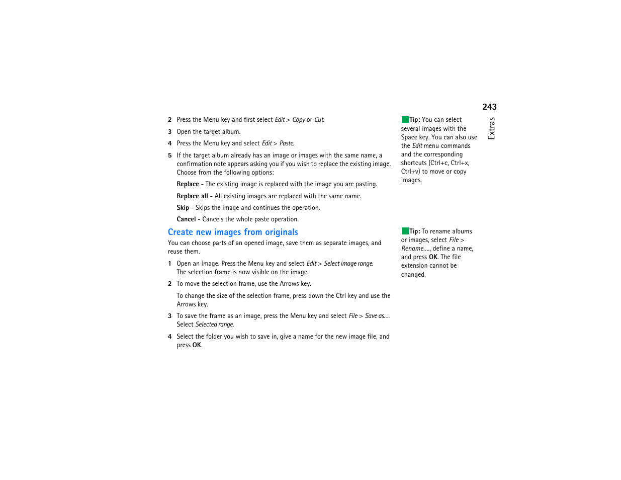 243 extras, Create new images from originals | Nokia 9290 User Manual | Page 261 / 344