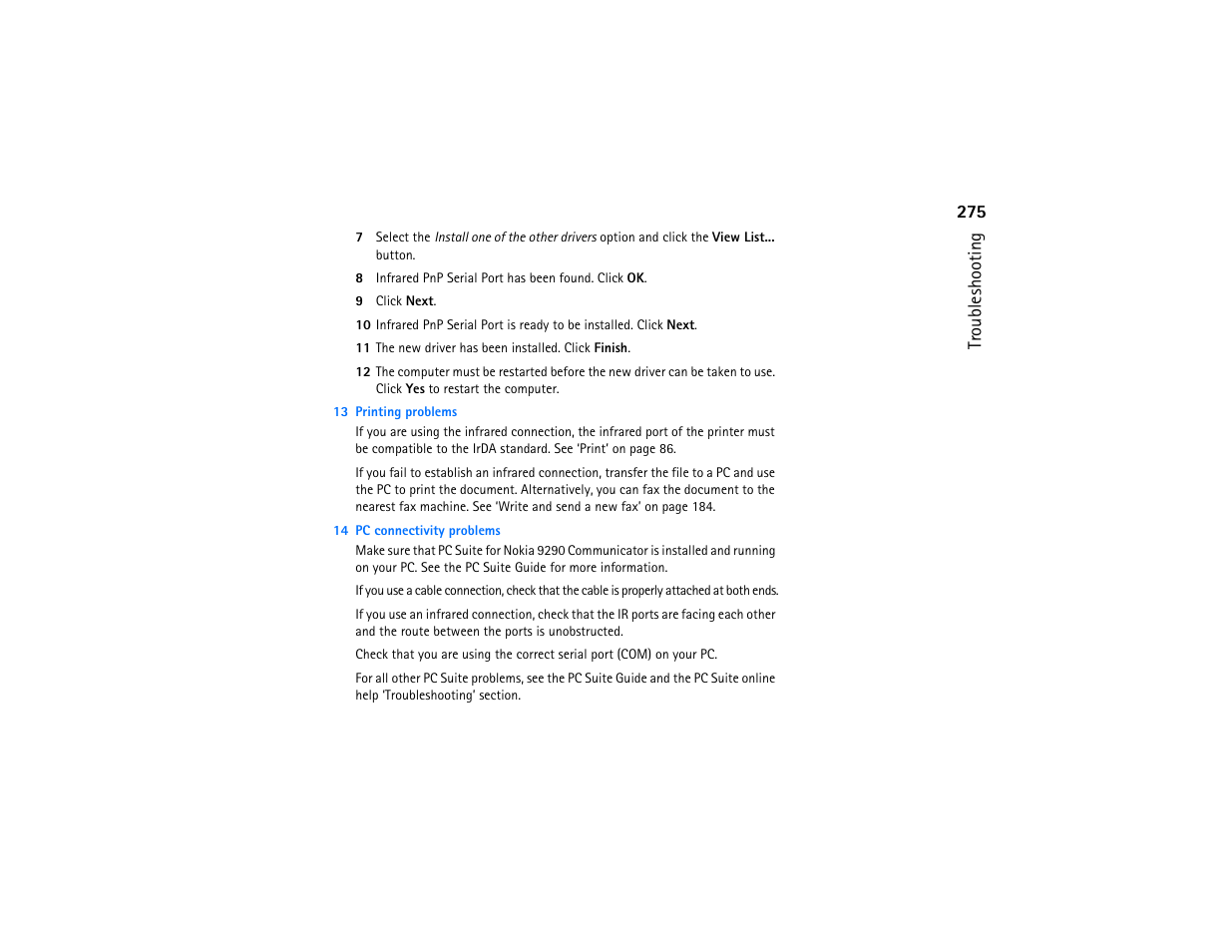 275 troubleshooting | Nokia 9290 User Manual | Page 293 / 344