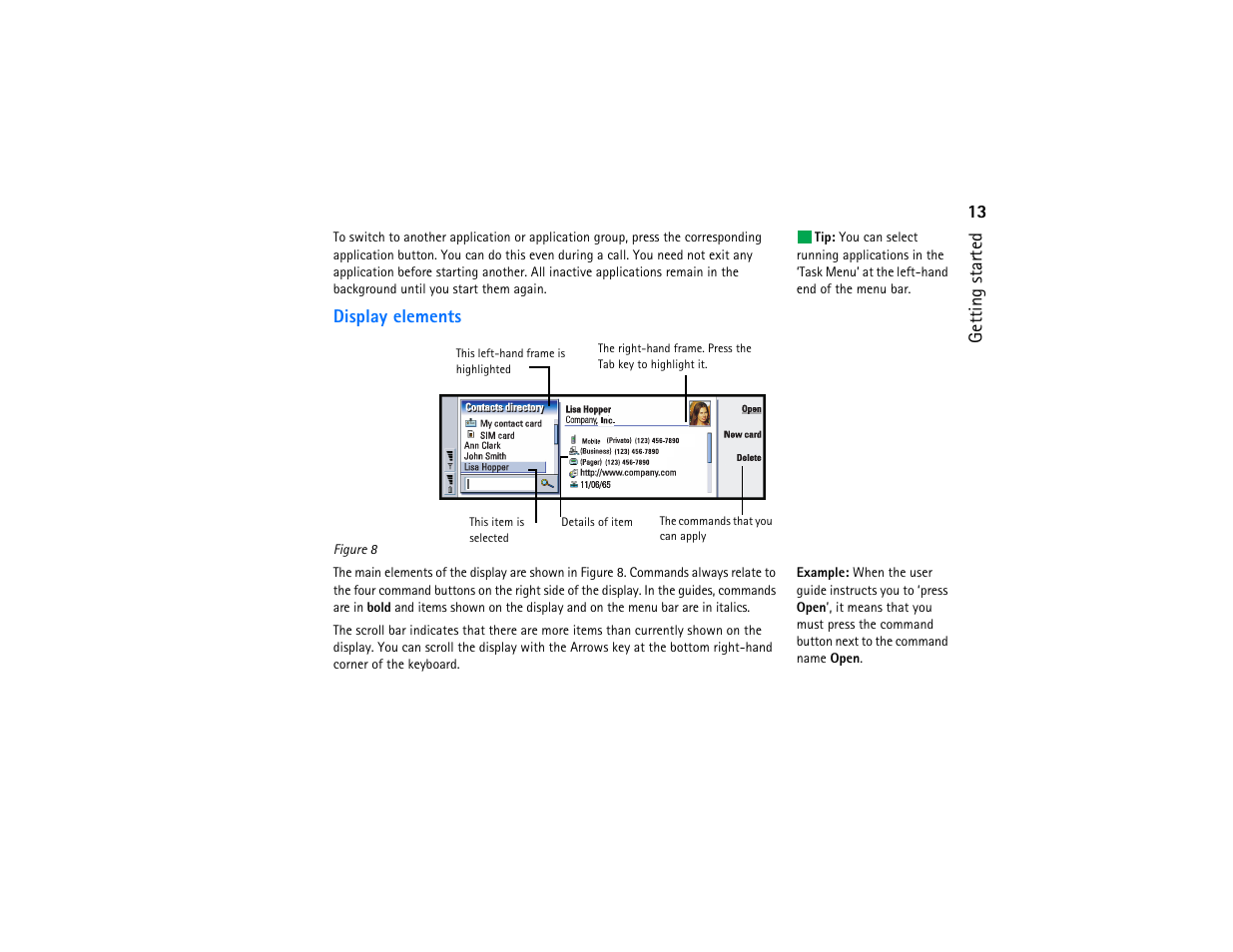 13 getting started, Display elements | Nokia 9290 User Manual | Page 31 / 344