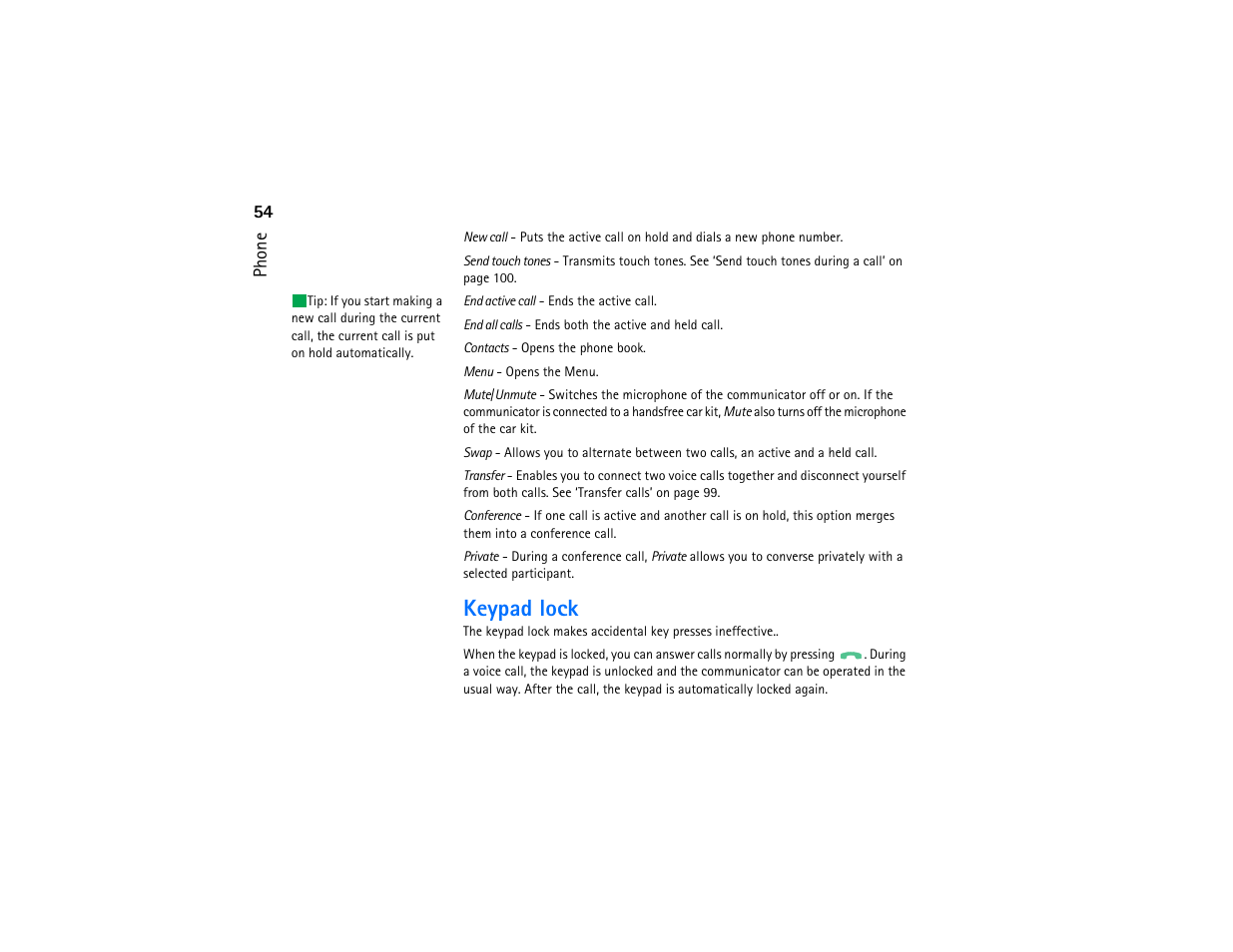 Keypad lock | Nokia 9290 User Manual | Page 72 / 344