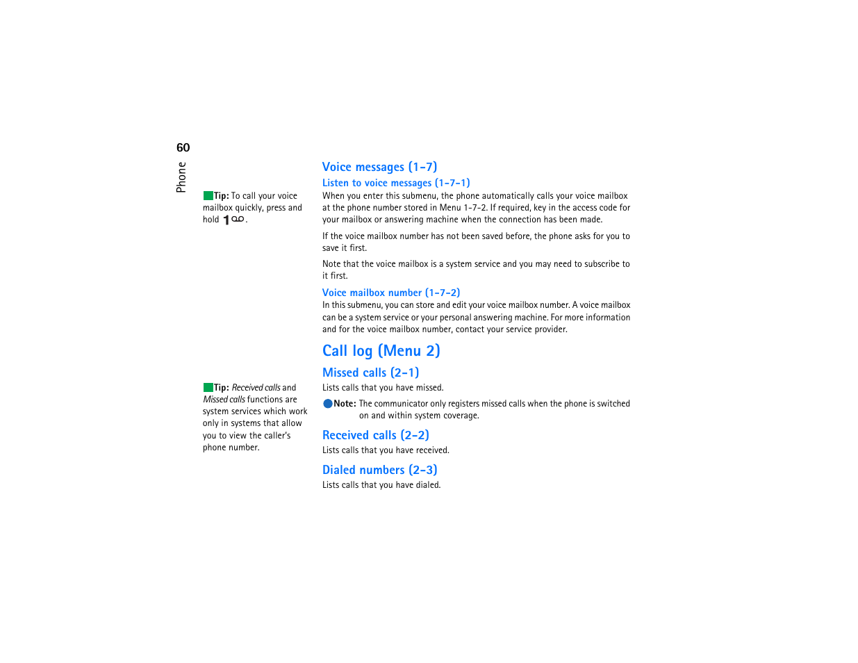 Call log (menu 2) | Nokia 9290 User Manual | Page 78 / 344