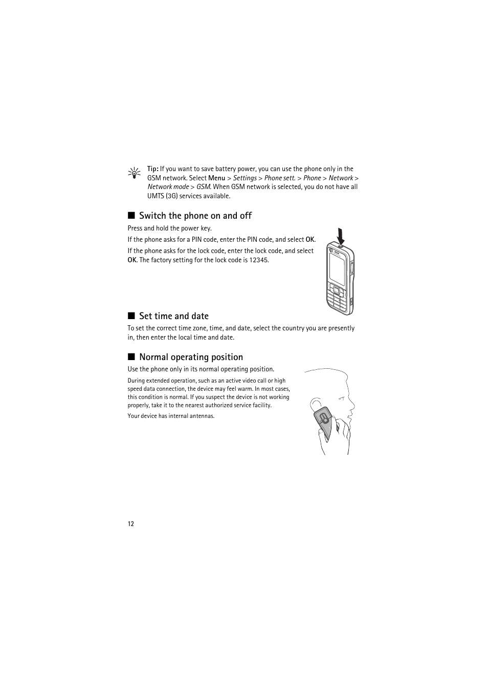 Switch the phone on and off, Set time and date, Normal operating position | Nokia 6120 classic User Manual | Page 12 / 103