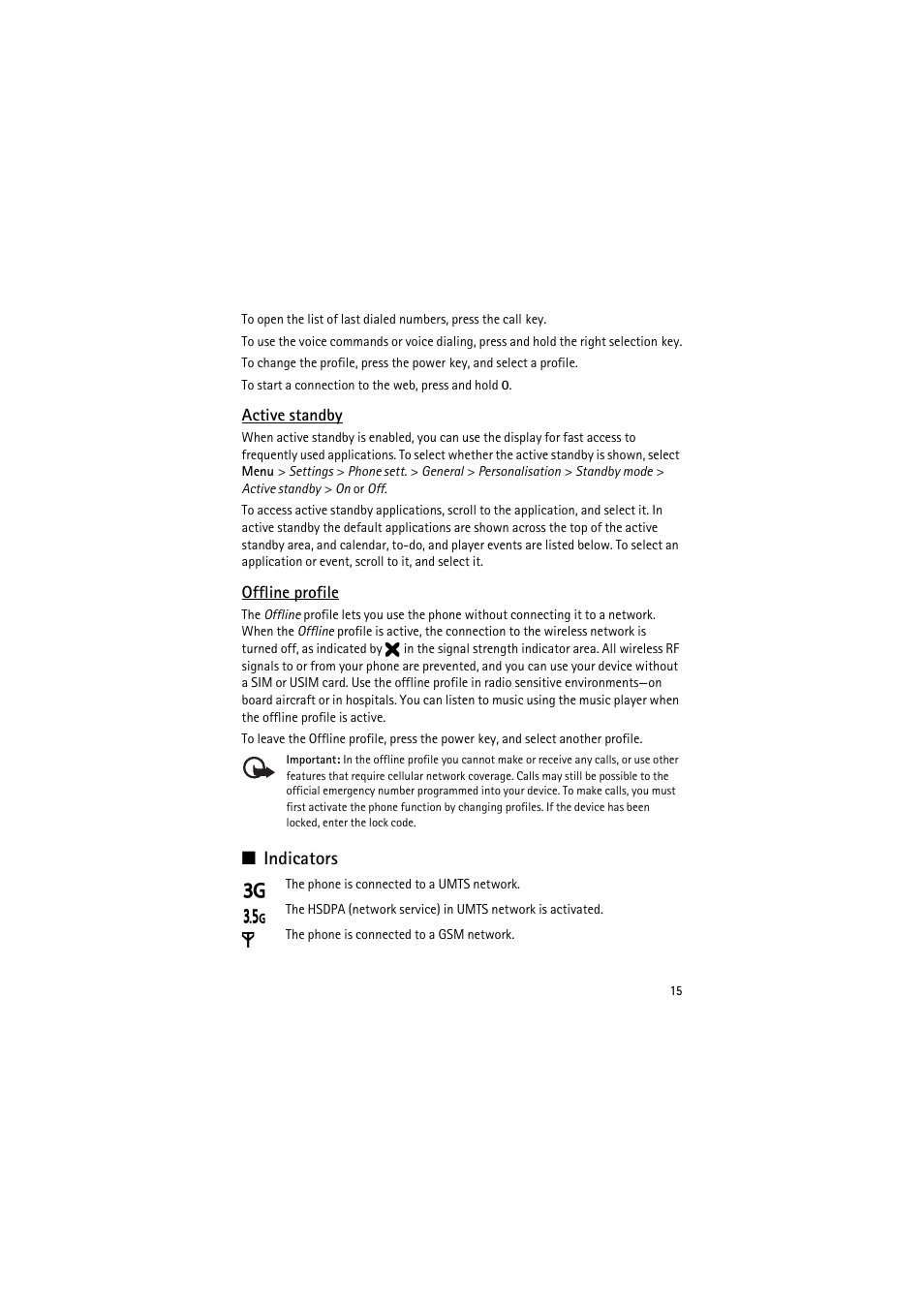 Active standby, Offline profile, Indicators | Nokia 6120 classic User Manual | Page 15 / 103