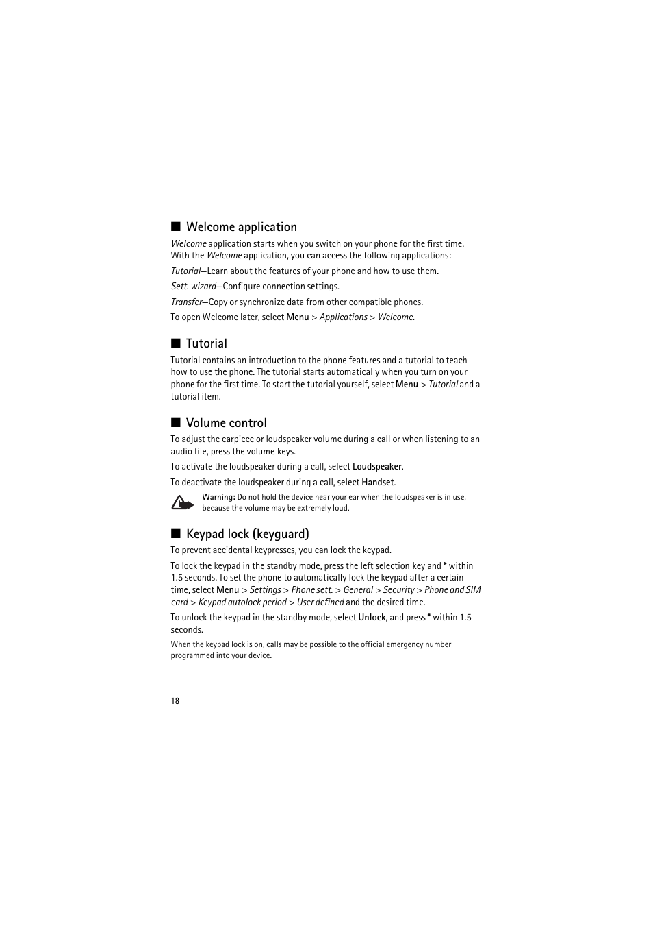 Welcome application, Tutorial, Volume control | Keypad lock (keyguard), Keypad lock (keyguard),” p. 18 | Nokia 6120 classic User Manual | Page 18 / 103