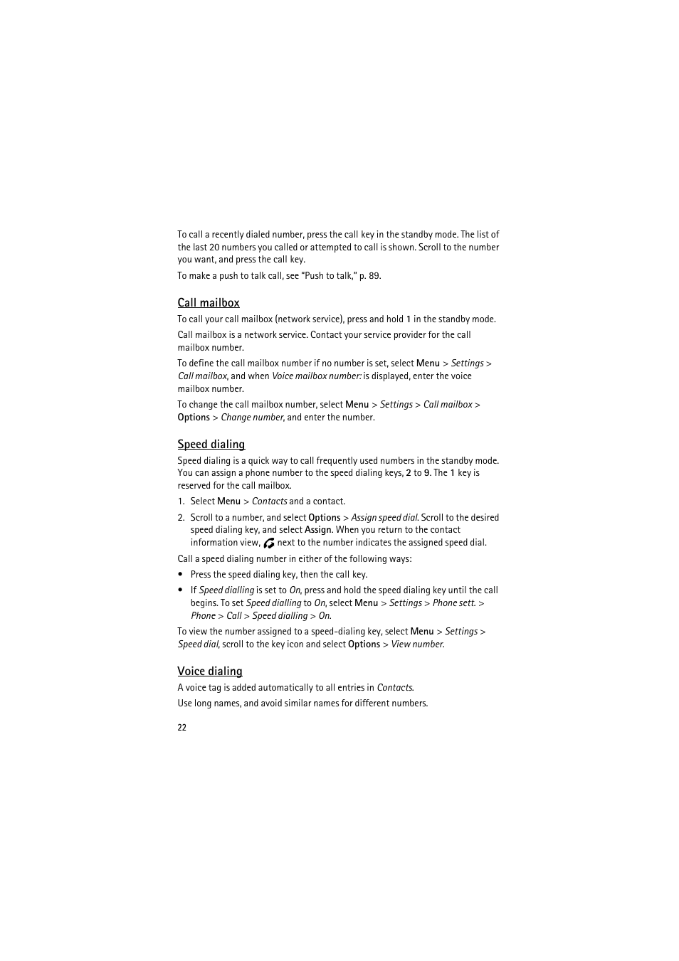 Call mailbox, Speed dialing, Voice dialing | Nokia 6120 classic User Manual | Page 22 / 103
