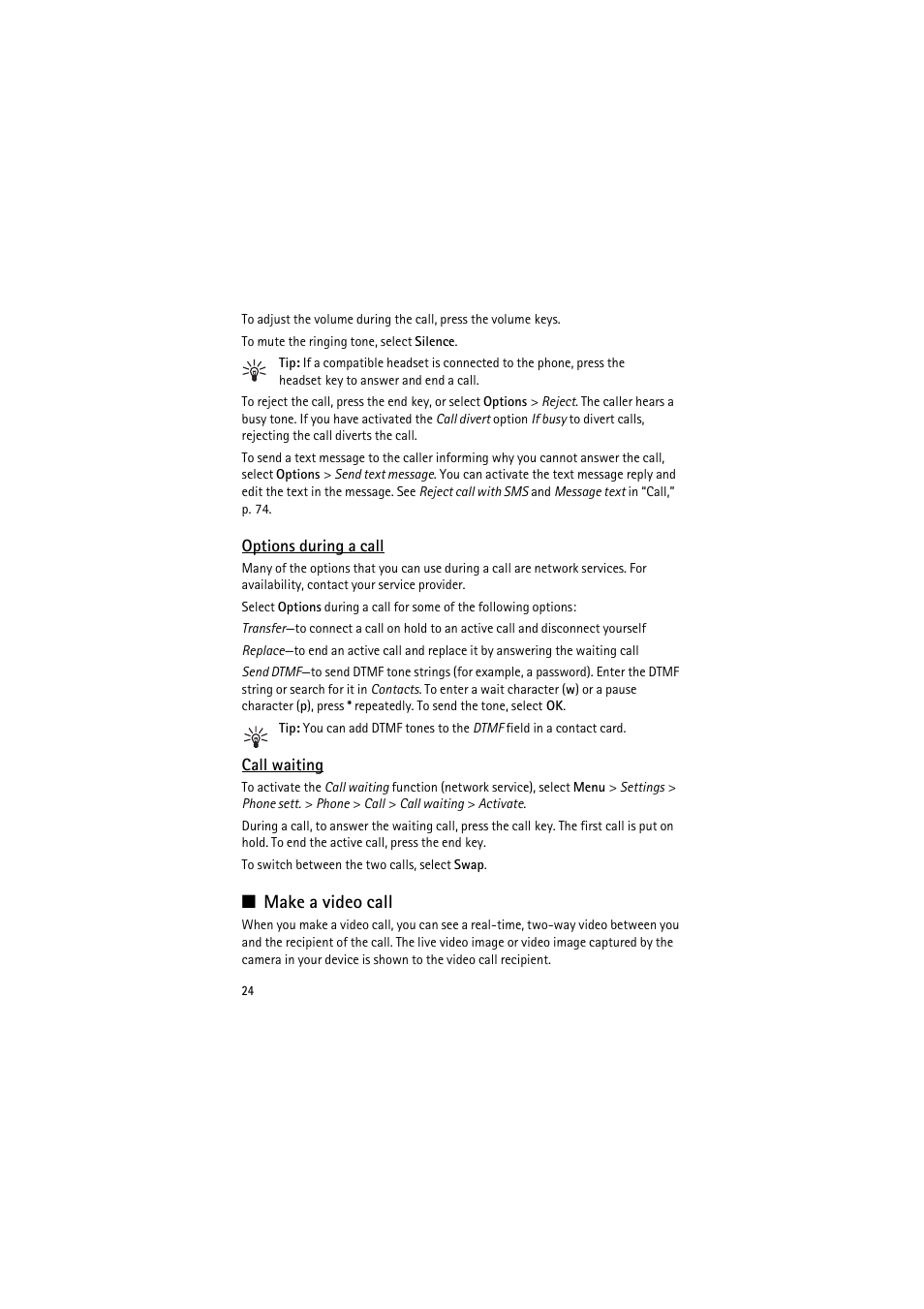 Options during a call, Call waiting, Make a video call | Nokia 6120 classic User Manual | Page 24 / 103