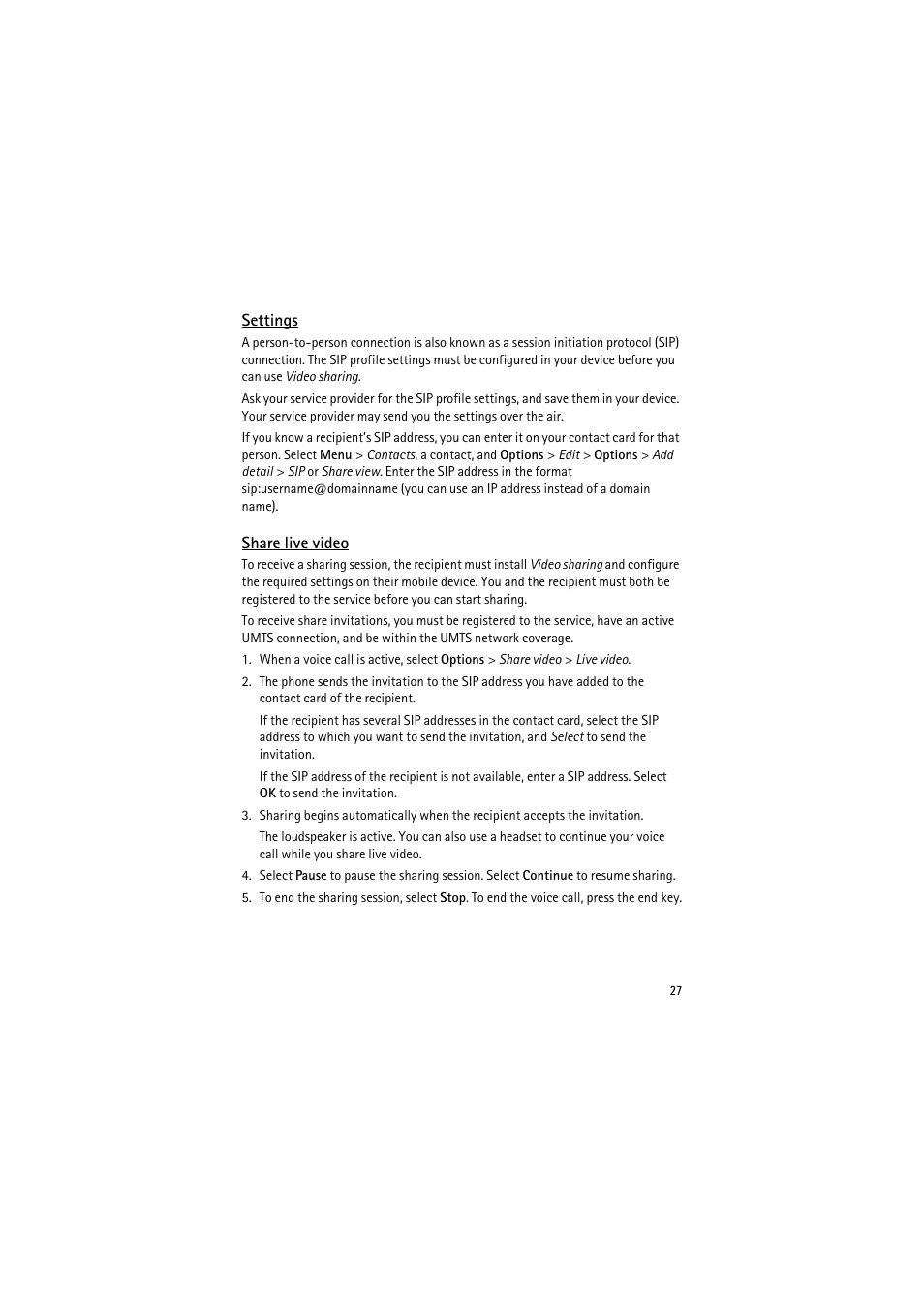 Settings, Share live video | Nokia 6120 classic User Manual | Page 27 / 103