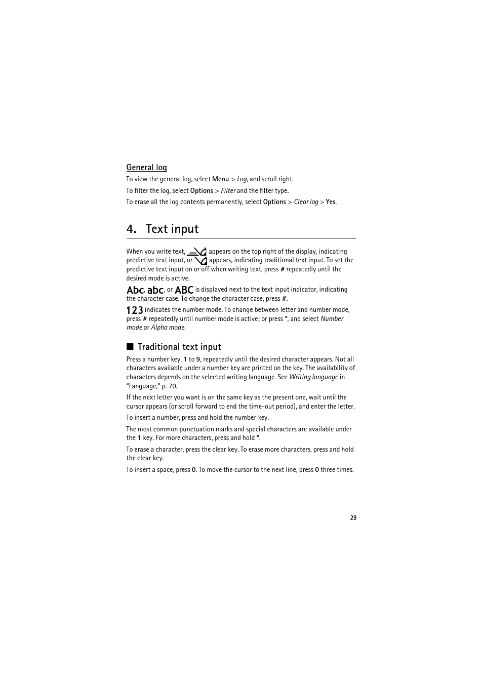 General log, Text input, Traditional text input | Nokia 6120 classic User Manual | Page 29 / 103