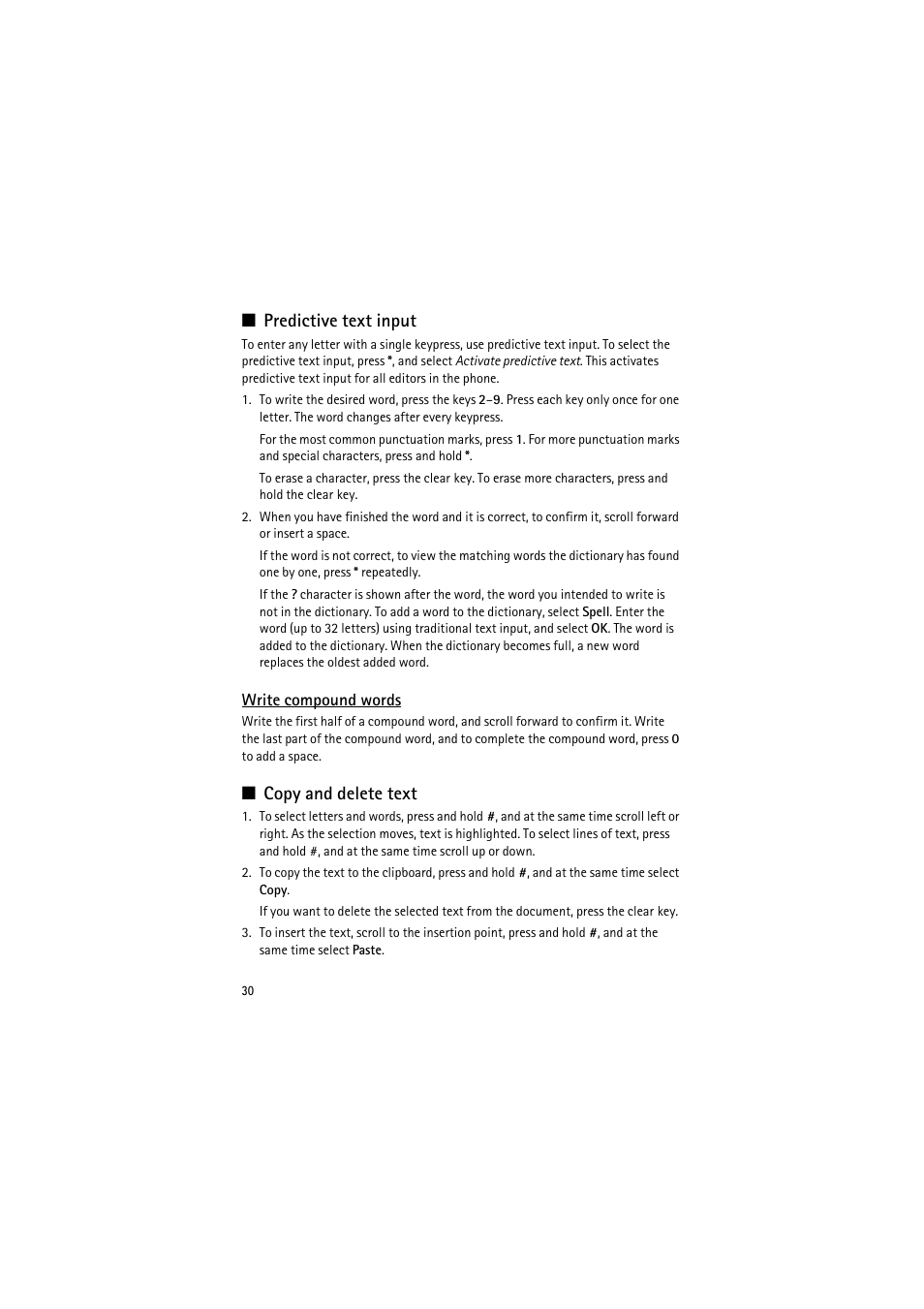 Predictive text input, Write compound words, Copy and delete text | Predictive text input copy and delete text | Nokia 6120 classic User Manual | Page 30 / 103