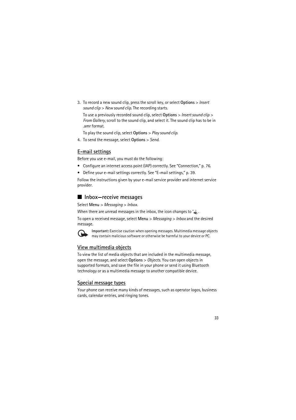 Email settings, Inbox—receive messages, View multimedia objects | Special message types | Nokia 6120 classic User Manual | Page 33 / 103