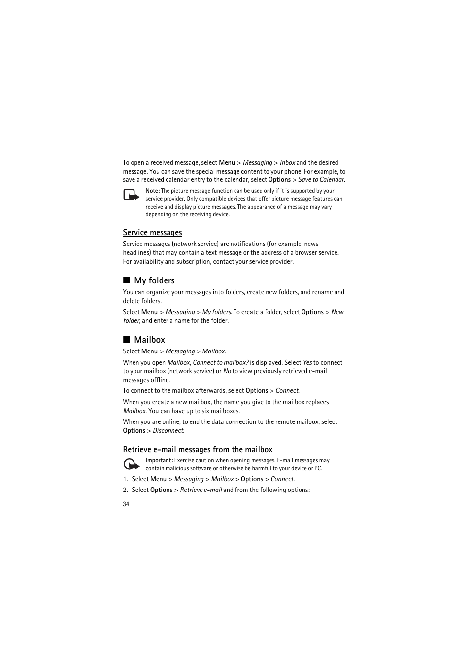 Service messages, My folders, Mailbox | Retrieve email messages from the mailbox, My folders mailbox | Nokia 6120 classic User Manual | Page 34 / 103