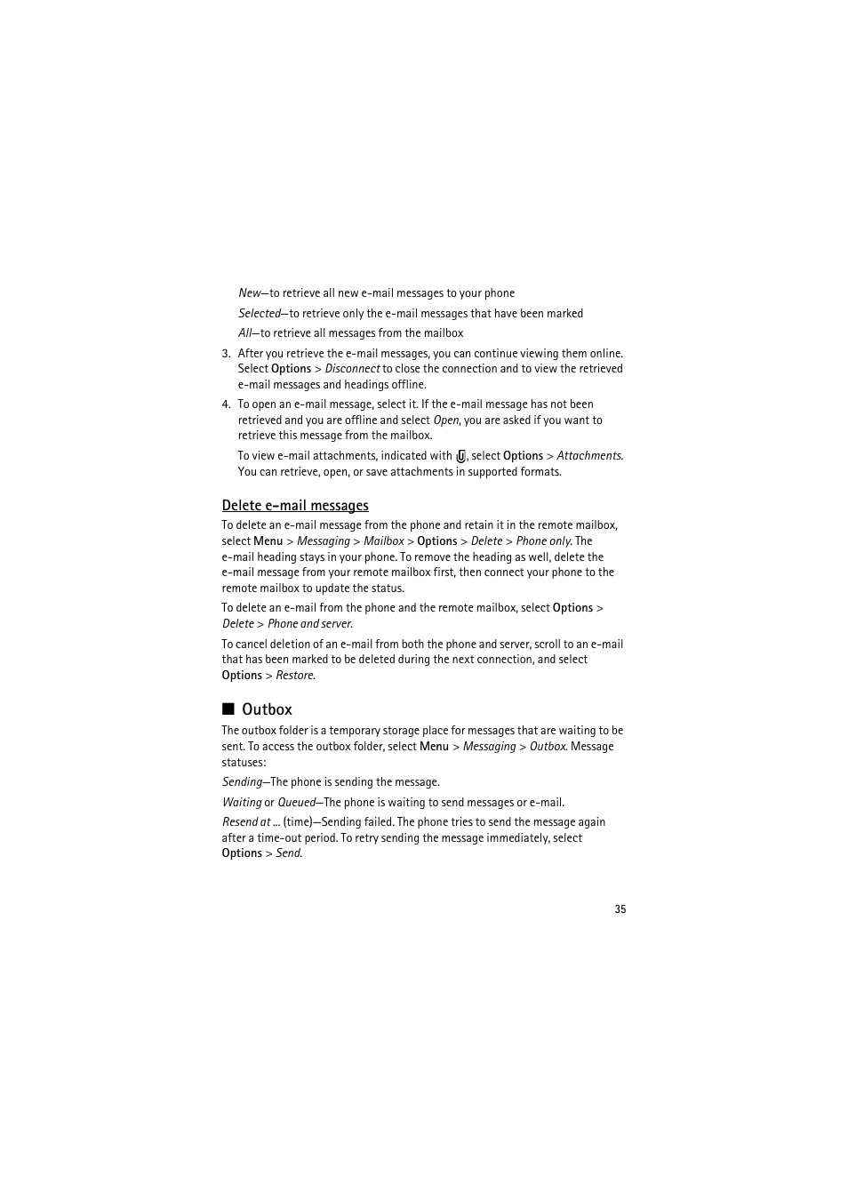 Delete email messages, Outbox, See “outbox,” p. 35 | Nokia 6120 classic User Manual | Page 35 / 103