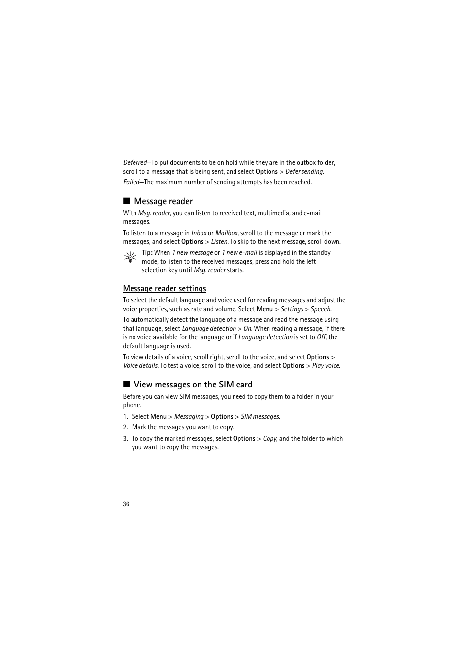 Message reader, Message reader settings, View messages on the sim card | Message reader view messages on the sim card | Nokia 6120 classic User Manual | Page 36 / 103