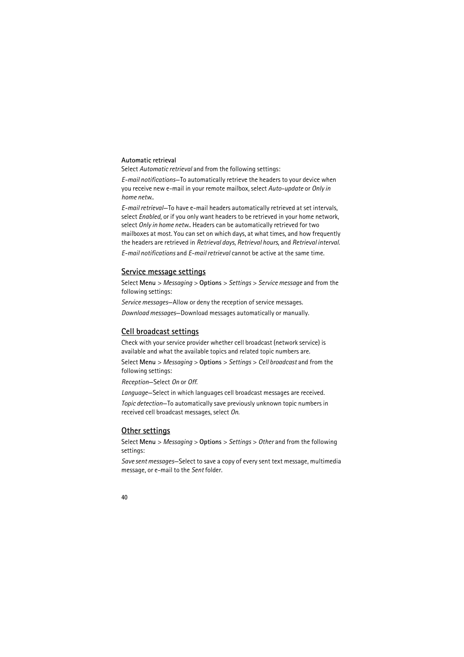 Service message settings, Cell broadcast settings, Other settings | Nokia 6120 classic User Manual | Page 40 / 103