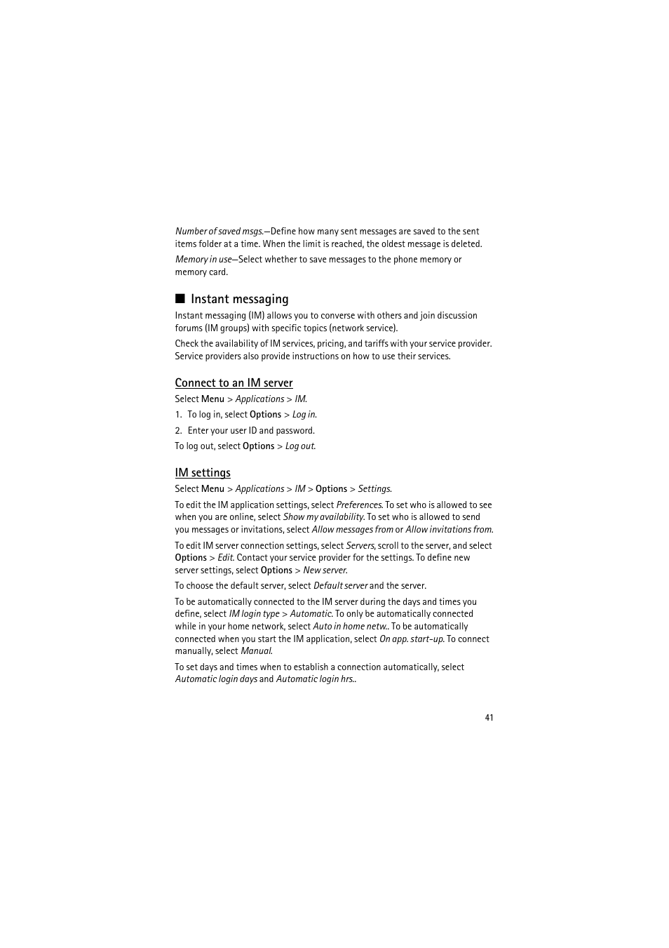 Instant messaging, Connect to an im server, Im settings | Nokia 6120 classic User Manual | Page 41 / 103