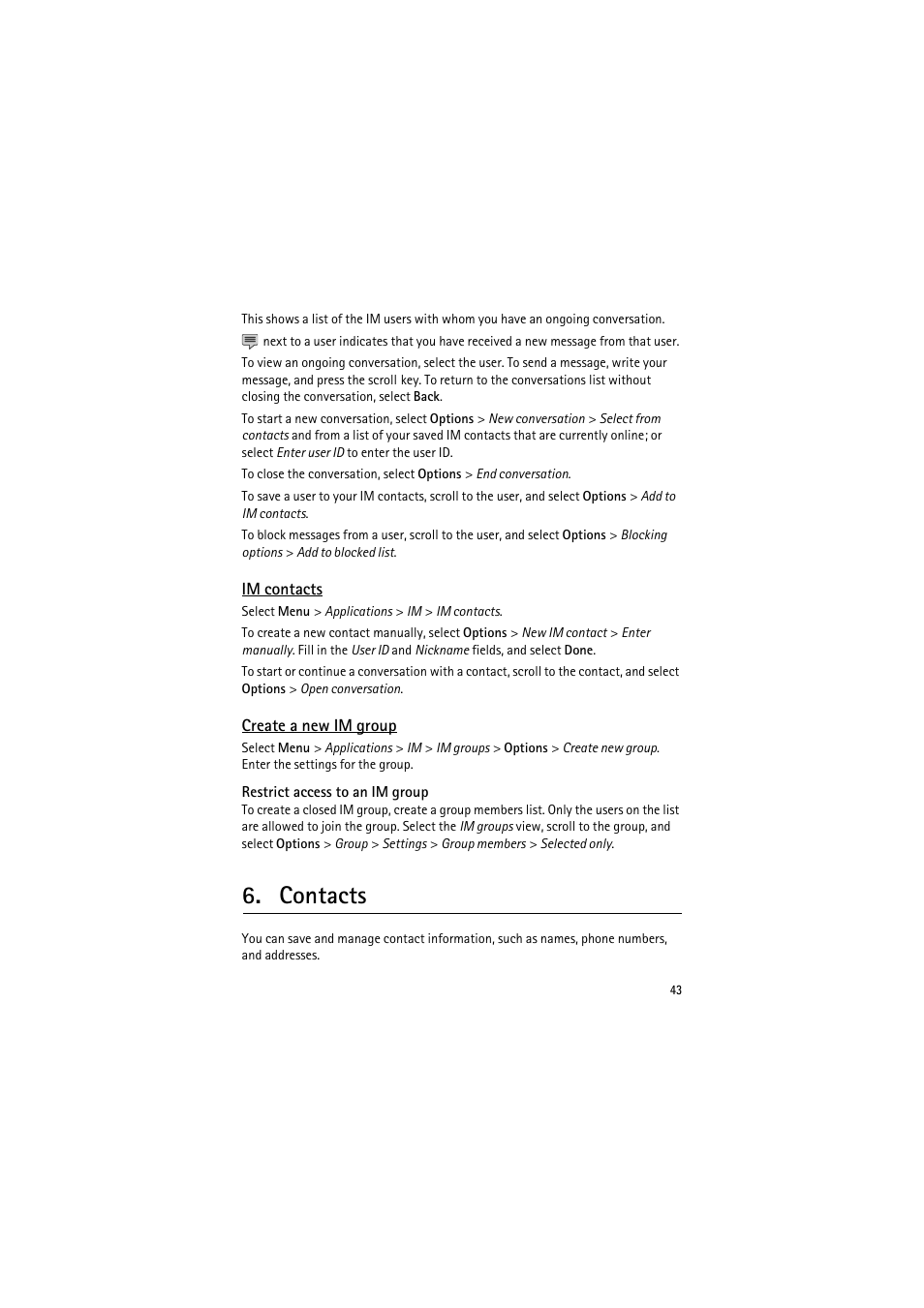 Im contacts, Create a new im group, Restrict access to an im group | Contacts | Nokia 6120 classic User Manual | Page 43 / 103