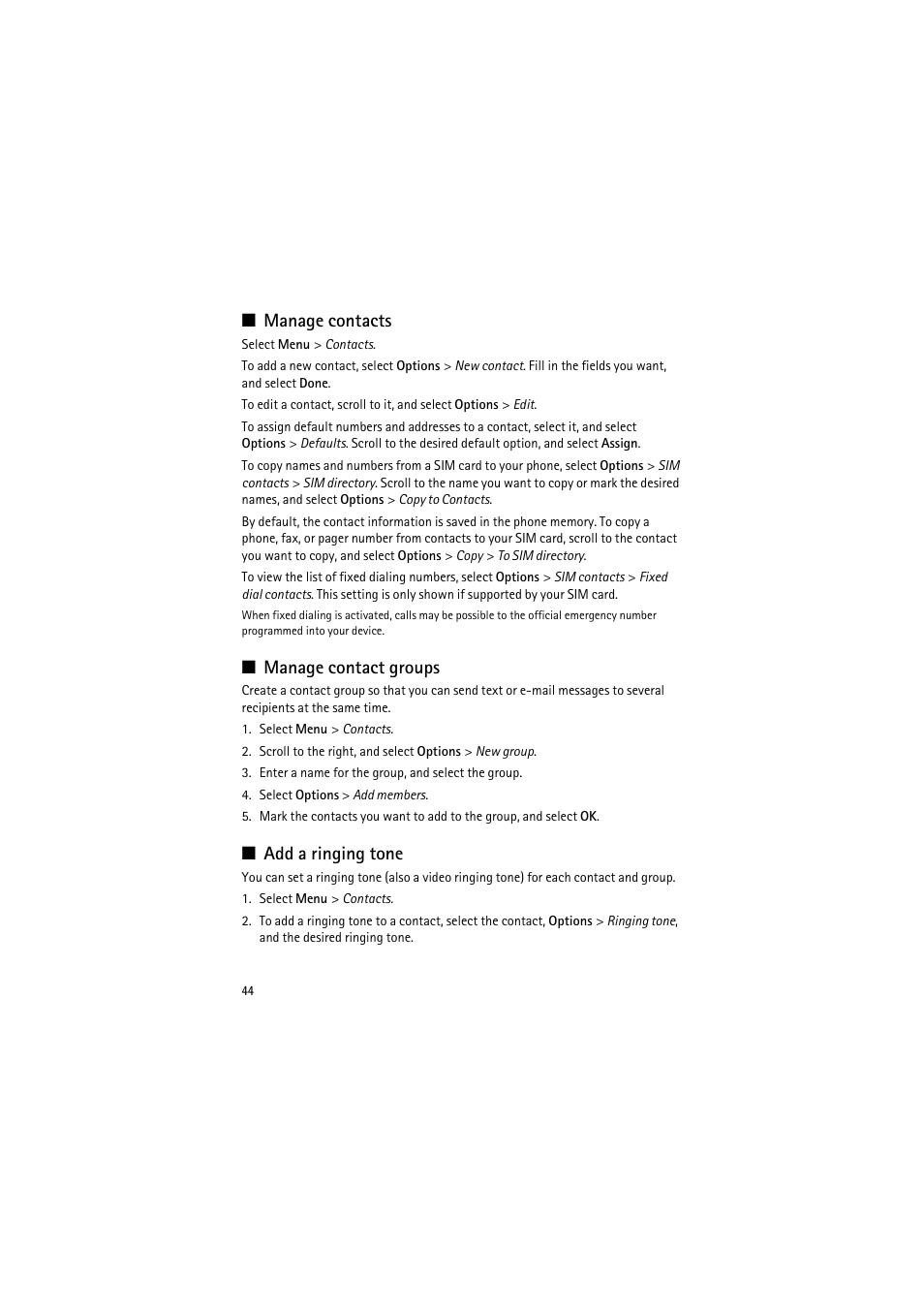 Manage contacts, Manage contact groups, Add a ringing tone | Nokia 6120 classic User Manual | Page 44 / 103