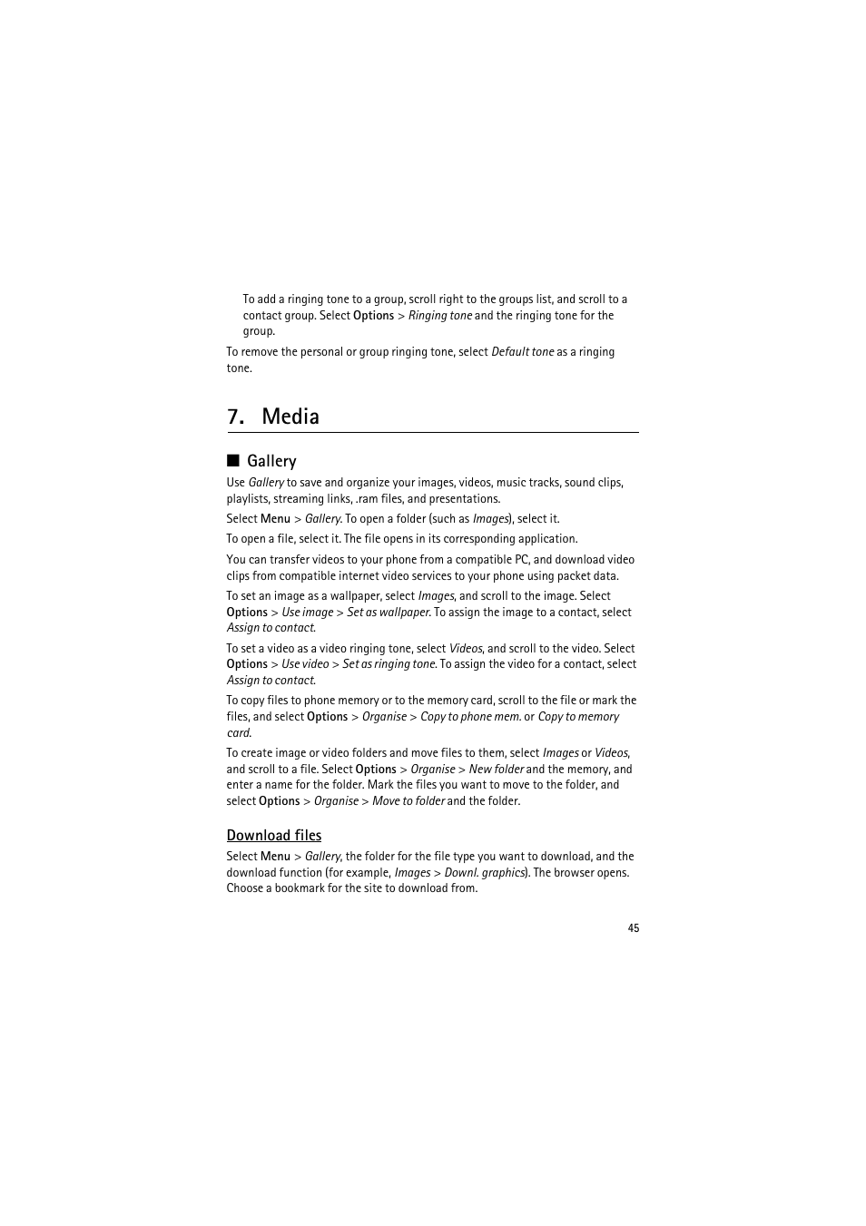 Media, Gallery, Download files | Nokia 6120 classic User Manual | Page 45 / 103