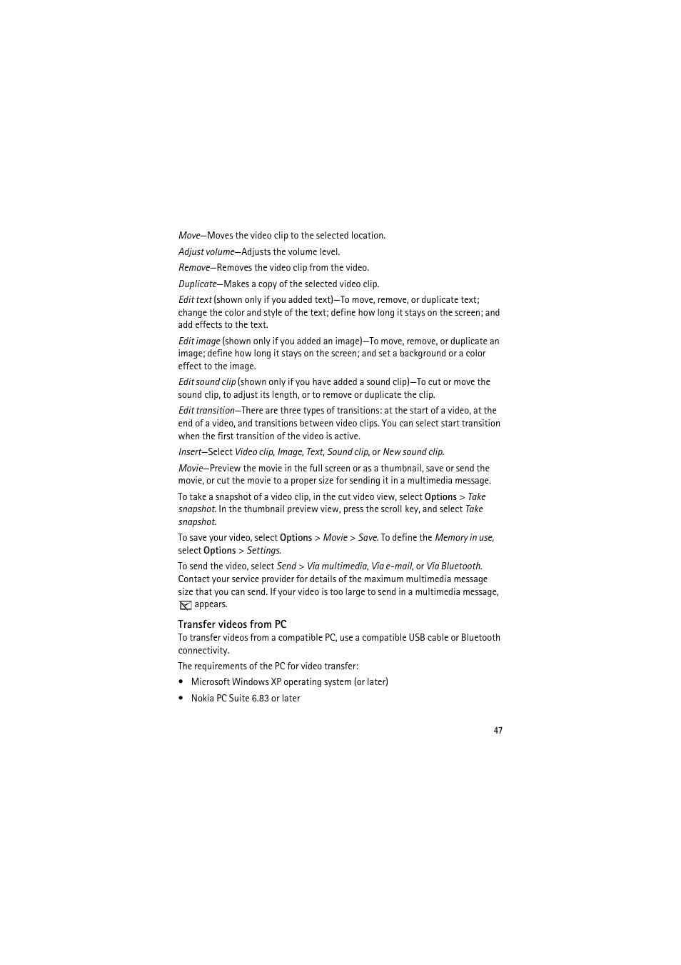 Transfer videos from pc | Nokia 6120 classic User Manual | Page 47 / 103