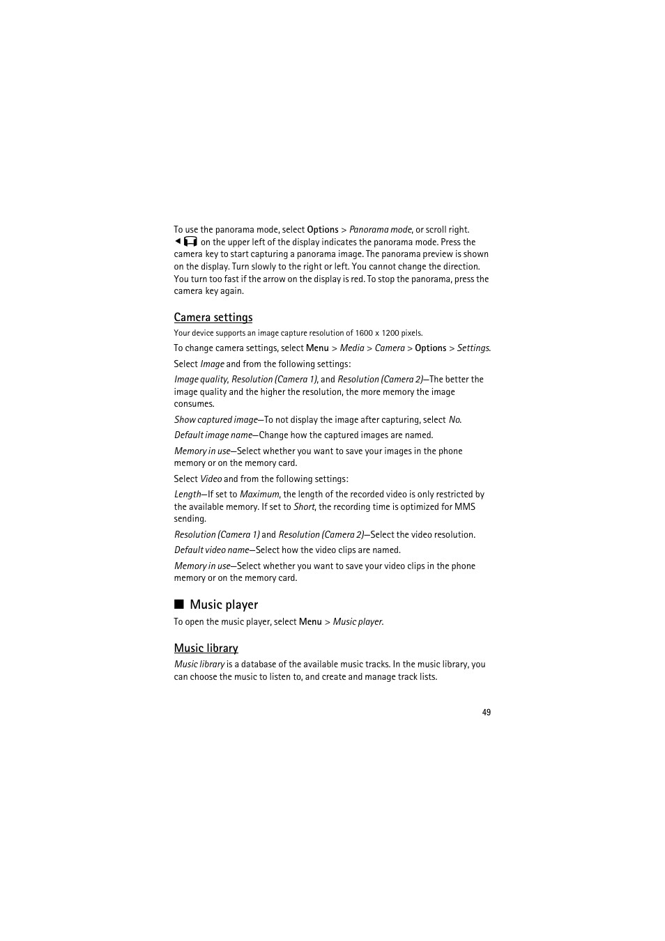 Camera settings, Music player, Music library | Nokia 6120 classic User Manual | Page 49 / 103