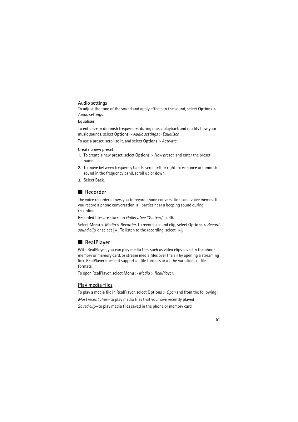 Audio settings, Recorder, Realplayer | Play media files, Recorder realplayer | Nokia 6120 classic User Manual | Page 51 / 103