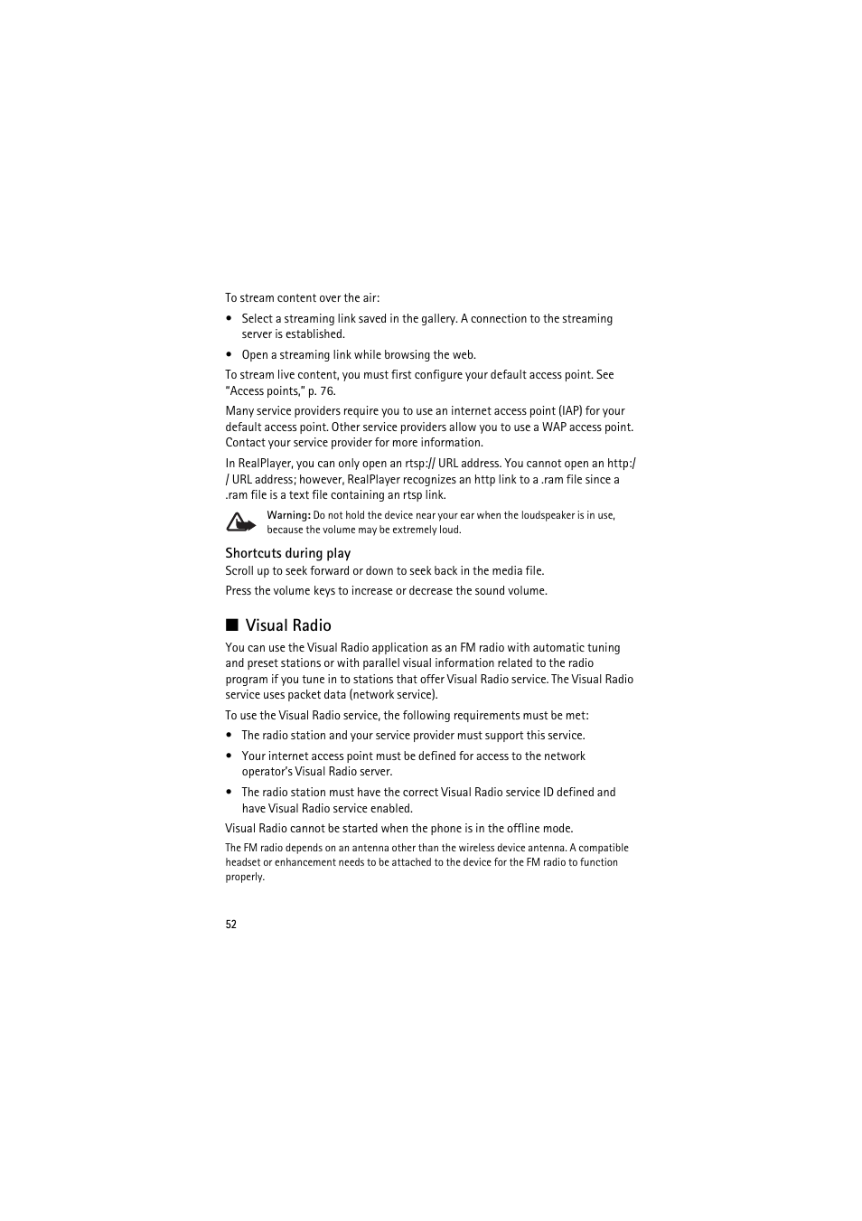 Shortcuts during play, Visual radio | Nokia 6120 classic User Manual | Page 52 / 103