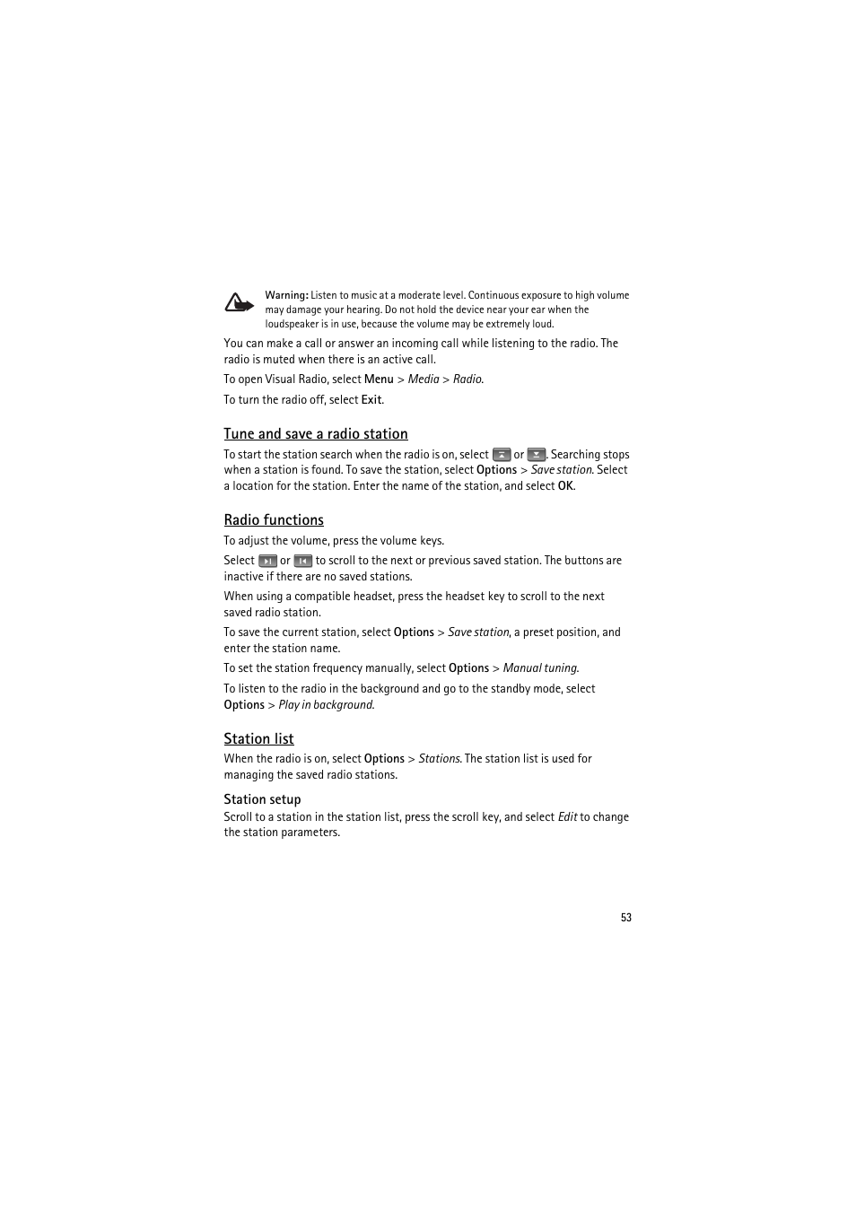 Tune and save a radio station, Radio functions, Station list | Station setup | Nokia 6120 classic User Manual | Page 53 / 103