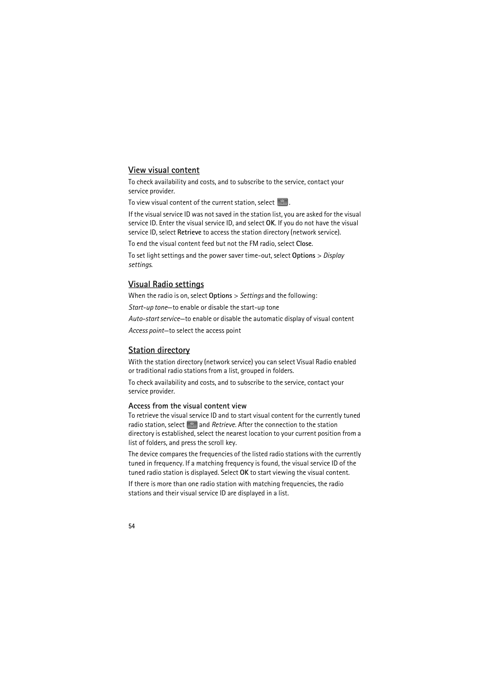 View visual content, Visual radio settings, Station directory | Access from the visual content view | Nokia 6120 classic User Manual | Page 54 / 103