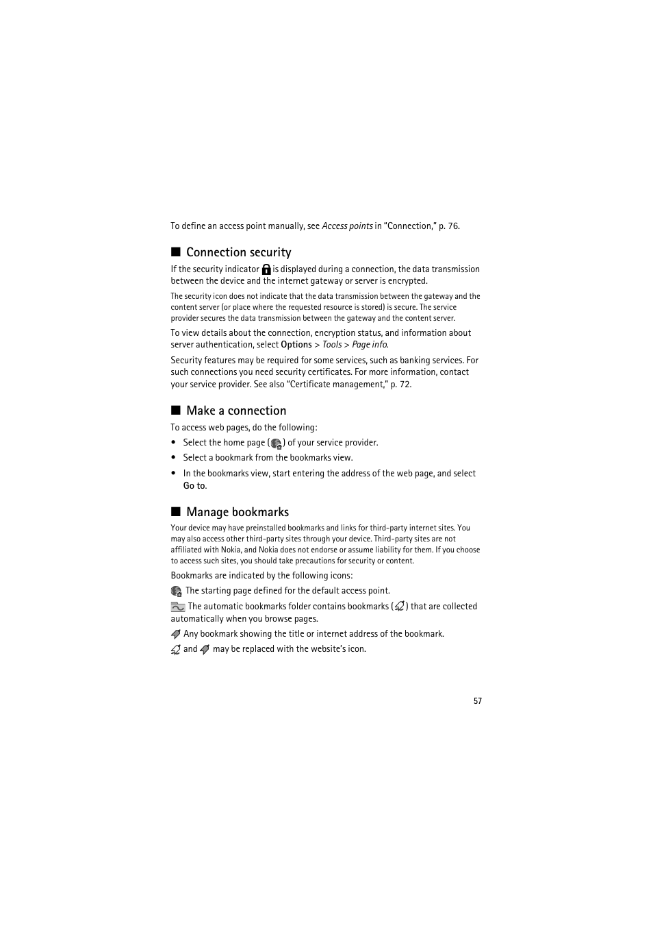 Connection security, Make a connection, Manage bookmarks | Nokia 6120 classic User Manual | Page 57 / 103