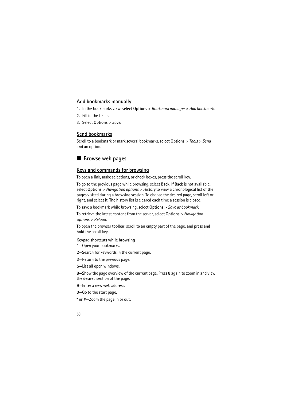 Add bookmarks manually, Send bookmarks, Keys and commands for browsing | Browse web pages | Nokia 6120 classic User Manual | Page 58 / 103