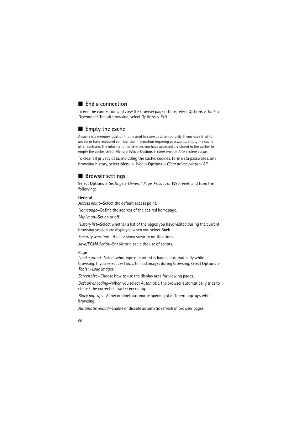 End a connection, Empty the cache, Browser settings | End a connection empty the cache | Nokia 6120 classic User Manual | Page 60 / 103