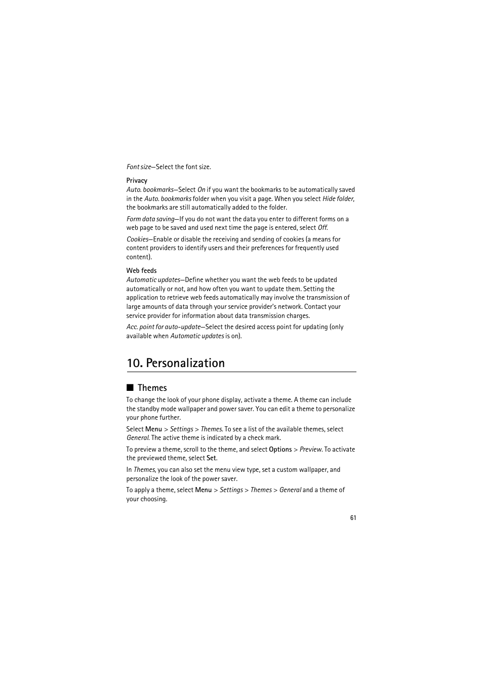 Personalization, Themes | Nokia 6120 classic User Manual | Page 61 / 103