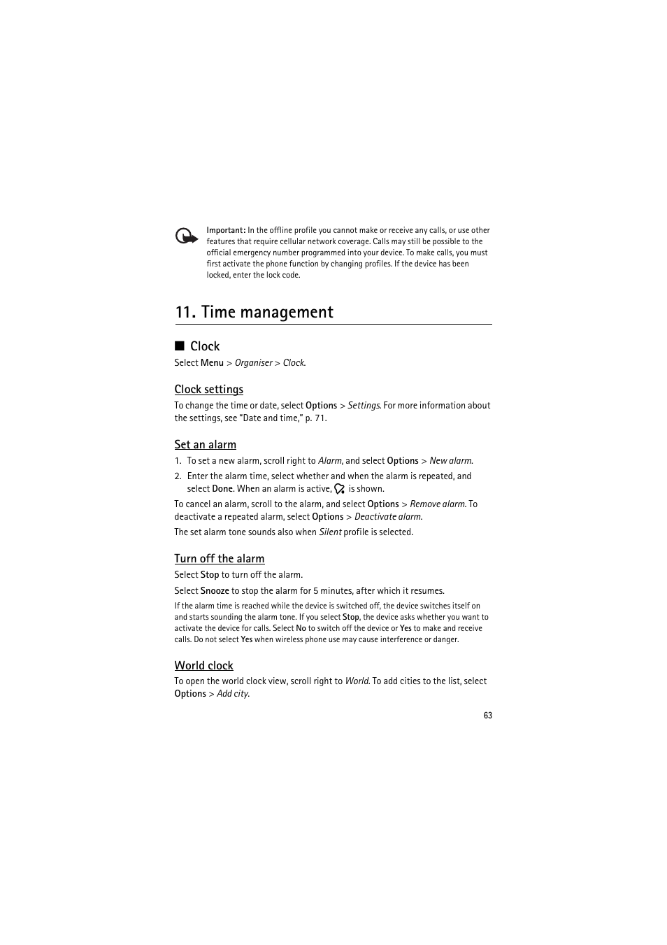 Time management, Clock, Clock settings | Set an alarm, Turn off the alarm, World clock | Nokia 6120 classic User Manual | Page 63 / 103