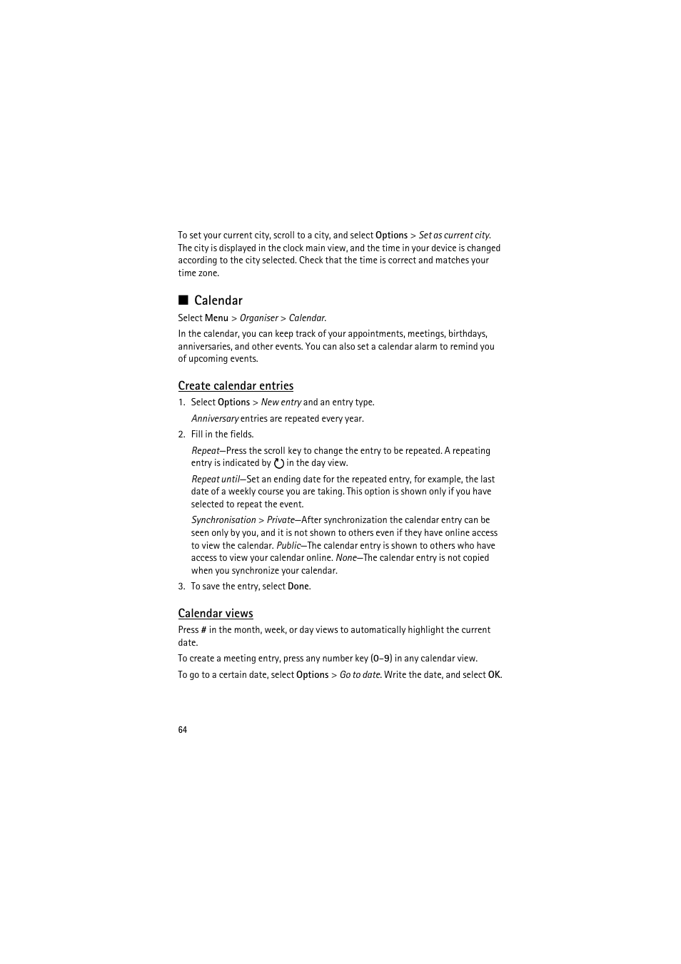Calendar, Create calendar entries, Calendar views | Nokia 6120 classic User Manual | Page 64 / 103