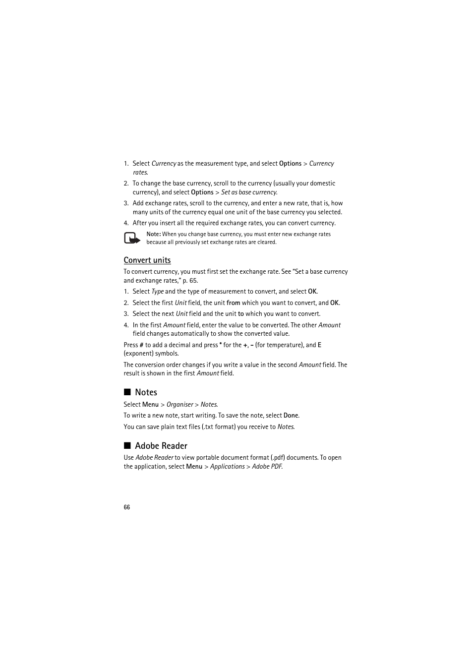 Convert units, Notes, Adobe reader | Notes adobe reader | Nokia 6120 classic User Manual | Page 66 / 103