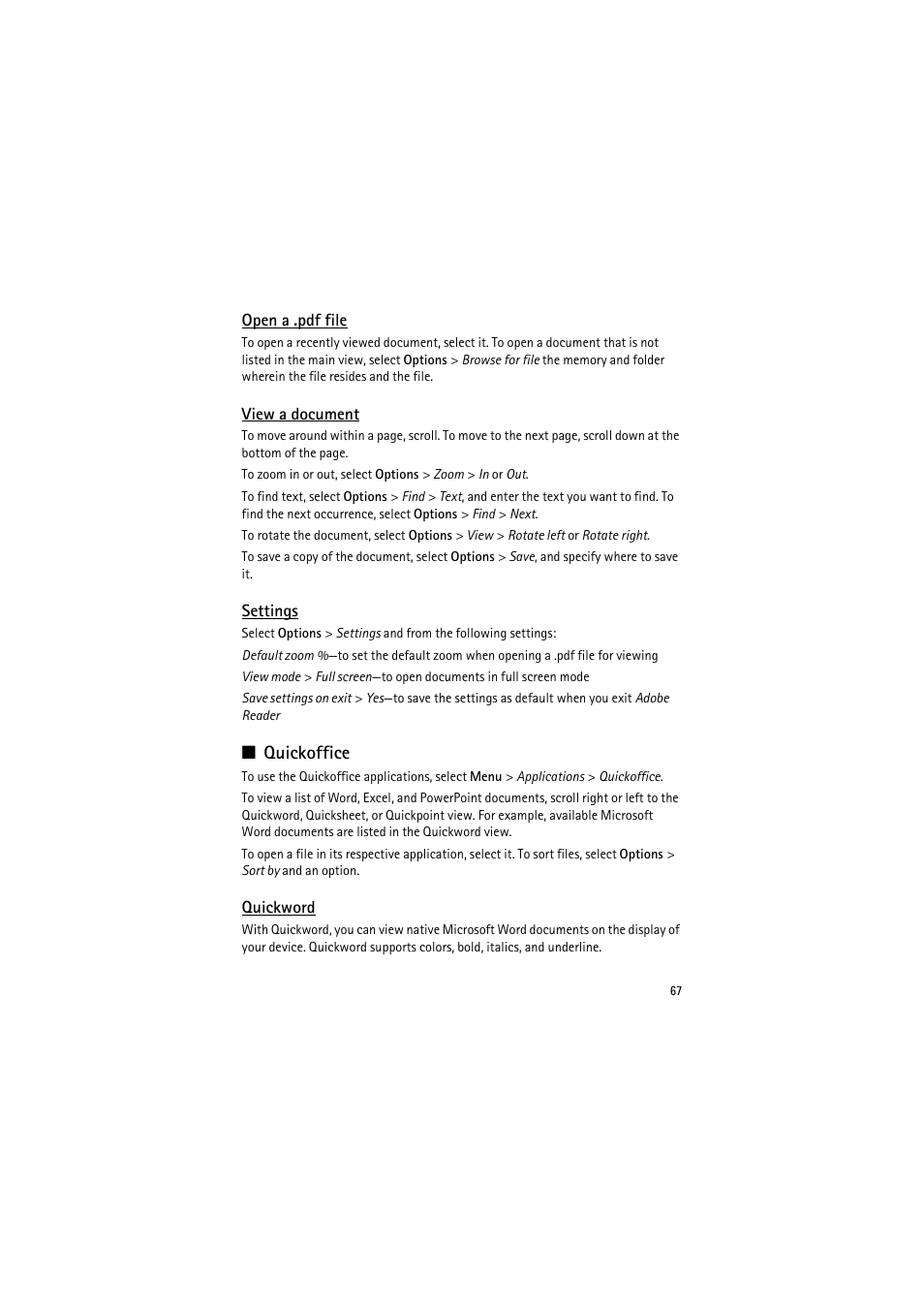 Open a .pdf file, View a document, Settings | Quickoffice, Quickword | Nokia 6120 classic User Manual | Page 67 / 103