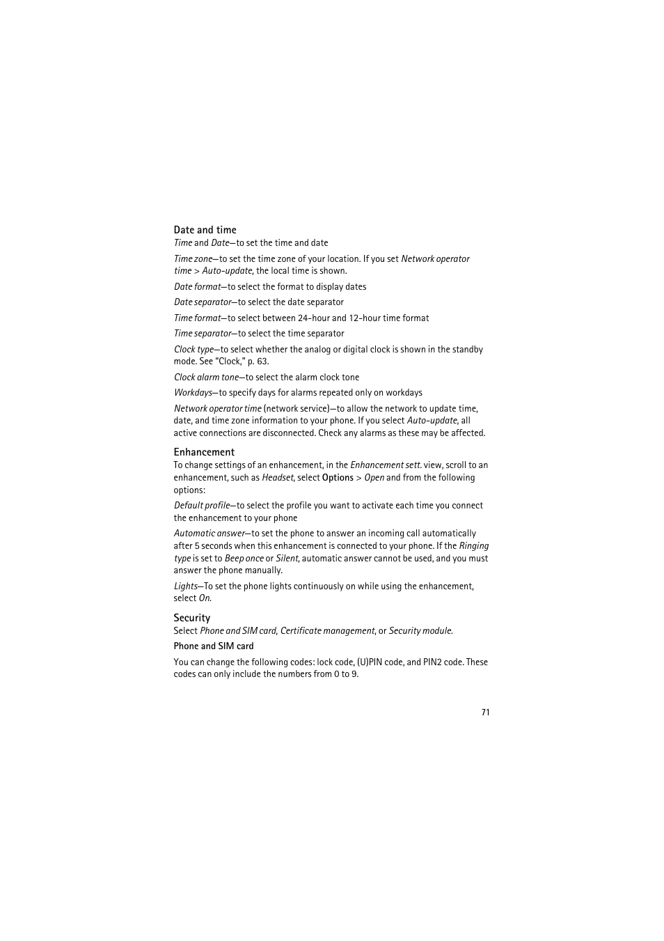 Date and time, Enhancement, Security | Nokia 6120 classic User Manual | Page 71 / 103