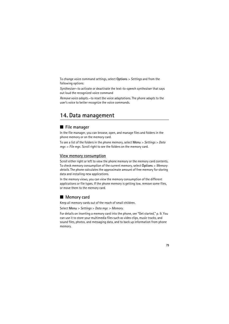 Data management, File manager, View memory consumption | Memory card, File manager memory card | Nokia 6120 classic User Manual | Page 79 / 103