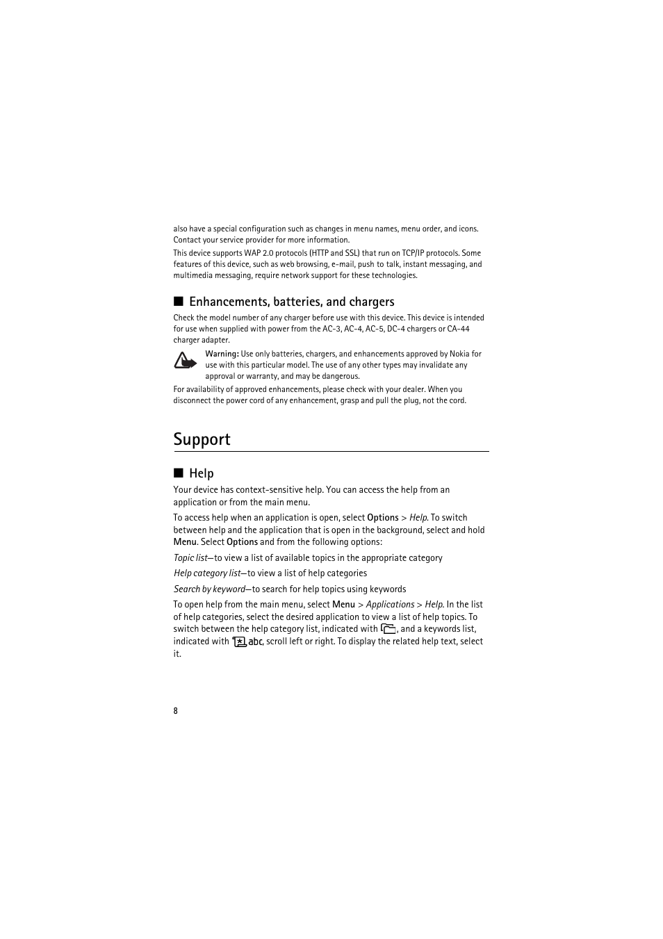 Support, Help, Enhancements, batteries, and chargers | Nokia 6120 classic User Manual | Page 8 / 103