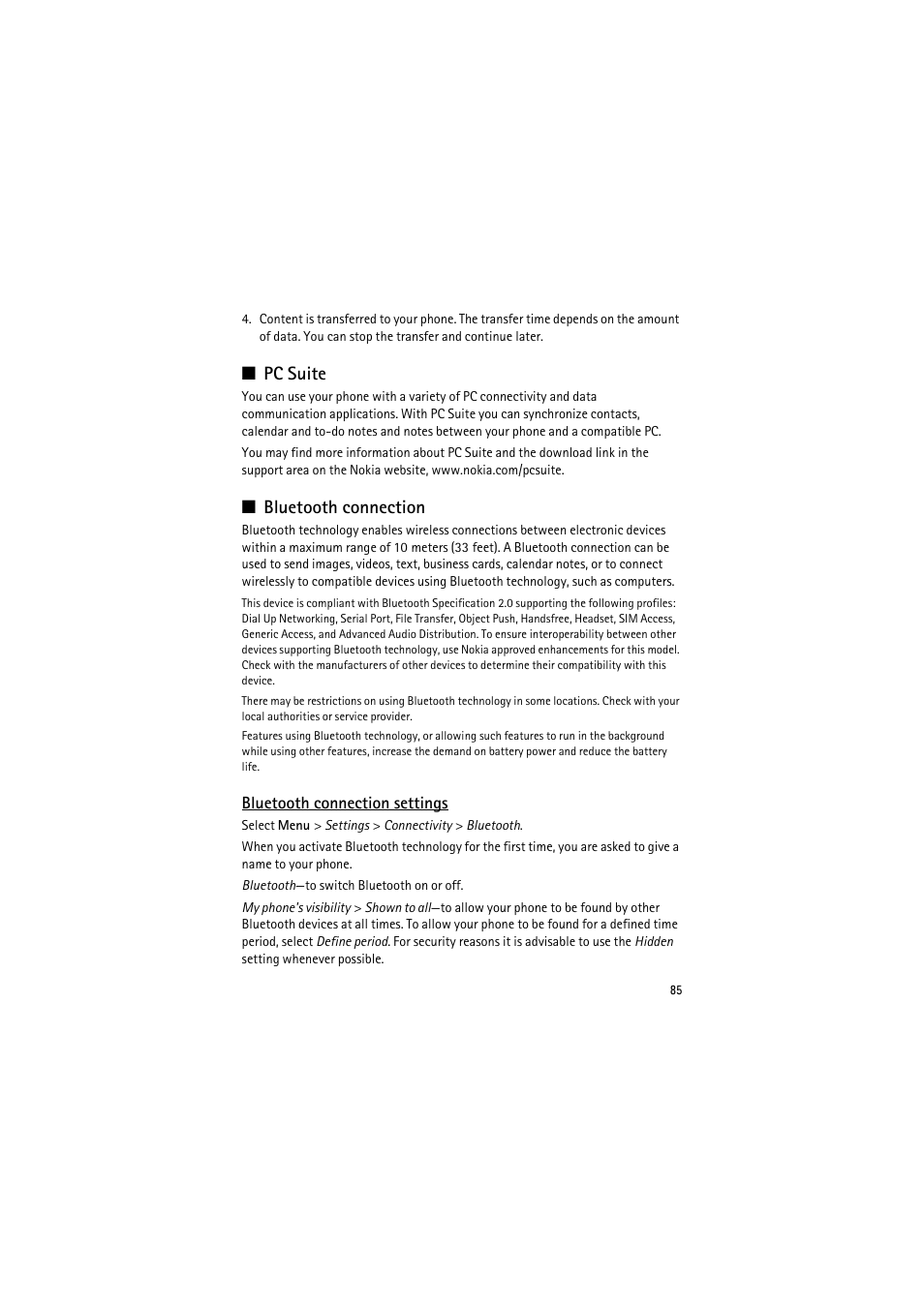 Pc suite, Bluetooth connection, Bluetooth connection settings | Pc suite bluetooth connection | Nokia 6120 classic User Manual | Page 85 / 103