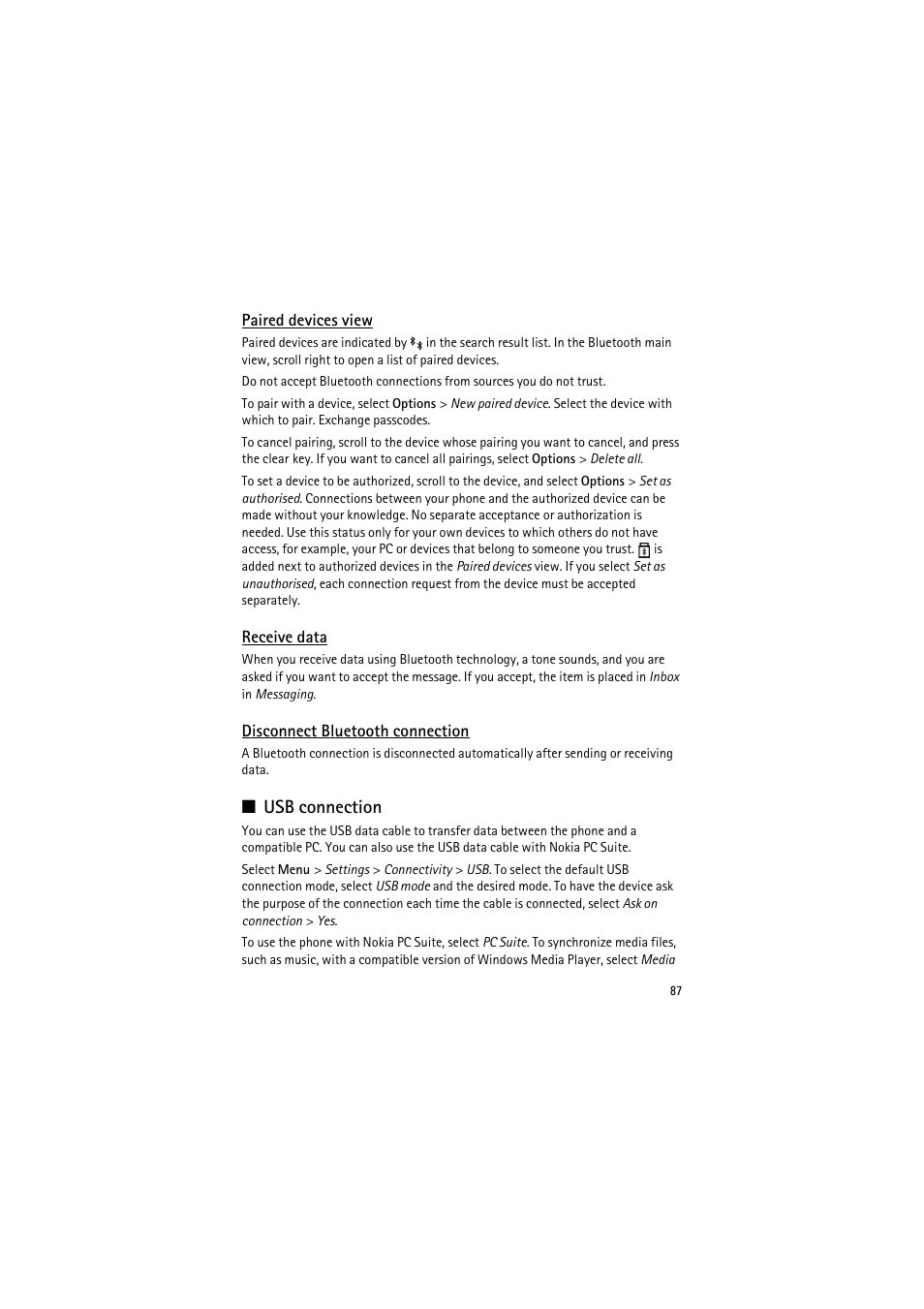 Paired devices view, Receive data, Disconnect bluetooth connection | Usb connection | Nokia 6120 classic User Manual | Page 87 / 103