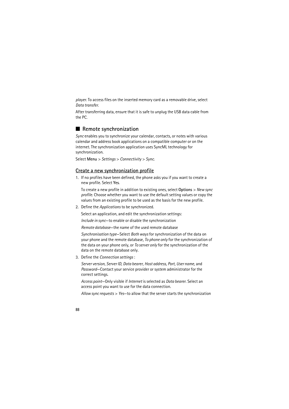Remote synchronization, Create a new synchronization profile | Nokia 6120 classic User Manual | Page 88 / 103