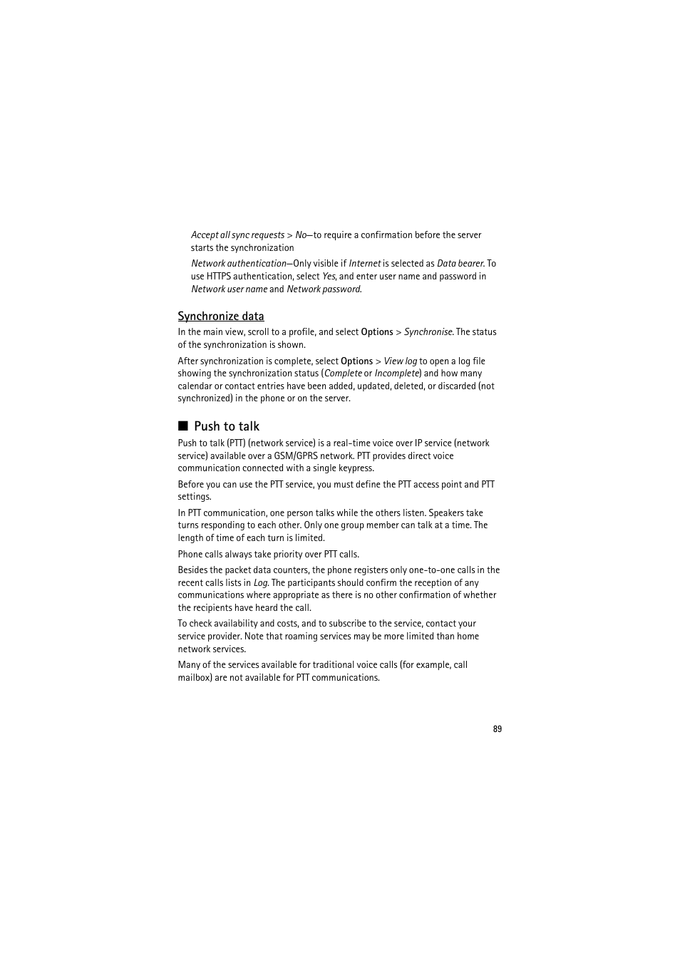 Synchronize data, Push to talk | Nokia 6120 classic User Manual | Page 89 / 103