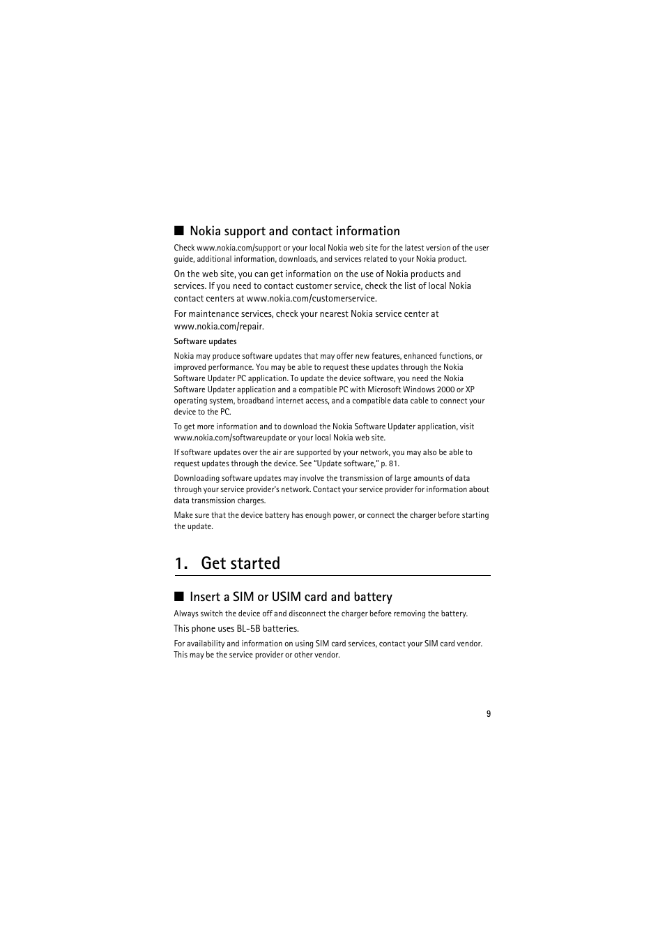 Nokia support and contact information, Get started, Insert a sim or usim card and battery | Nokia 6120 classic User Manual | Page 9 / 103